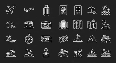 A collection of 25 white line art icons depicting various travel and tourism-related symbols on a solid black background.の写真素材