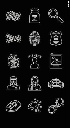 A collection of white line icons on a black background, depicting various crime scene investigation elements, including evidence bags, fingerprints, and detective tools.の写真素材