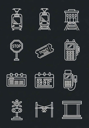 A collection of white line icons on a dark background, depicting various train station elements, including trains, tickets, and signs.の写真素材