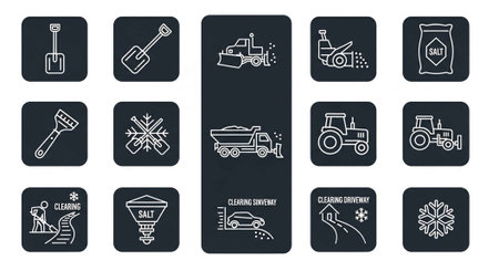 A collection of 13 black and white icons depicting winter road maintenance and snow removal concepts.の写真素材