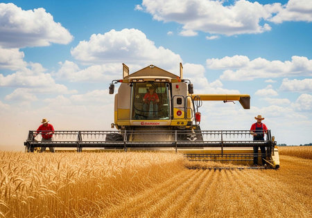 A combine harvester in a wheat field with two farmers on a sunny dayの写真素材