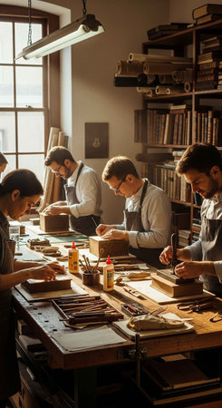 A group of skilled craftsmen working together in a well-lit workshop with various toolsの写真素材
