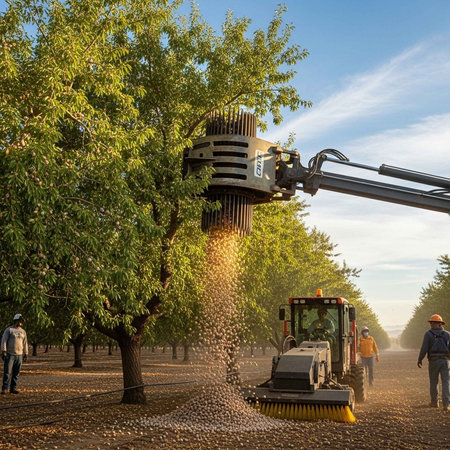 A large machine shakes fruit from trees in an orchard with workers nearbyの写真素材