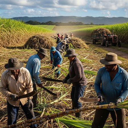 Men working in a sugar cane field on a sunny day with mountains in the backgroundの写真素材