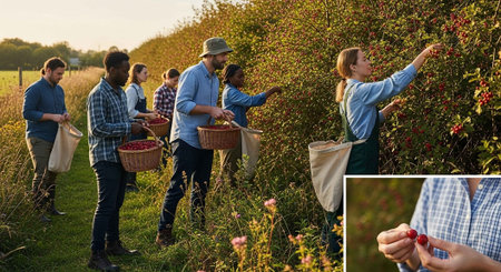 People harvesting berries in a lush green field on a sunny day outdoorsの写真素材