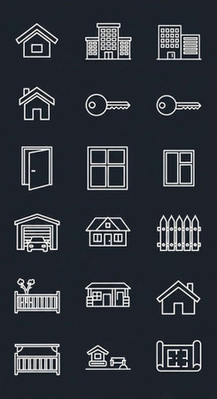 Collection of white line icons depicting various houses, buildings, keys, doors, windows, fences, and gates on a dark background.の写真素材