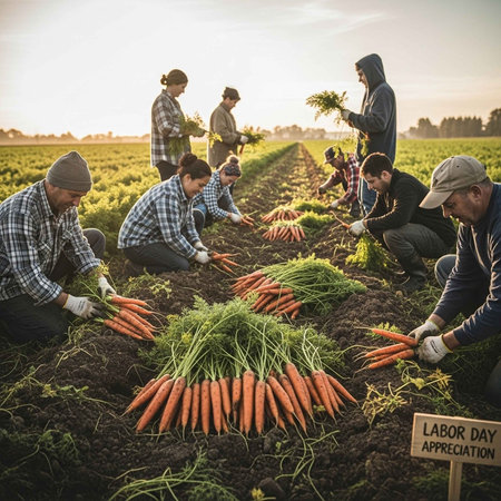 A group of people harvesting carrots in a field, with a Labor Day Appreciation sign, showcasing farming and agriculture work.の写真素材