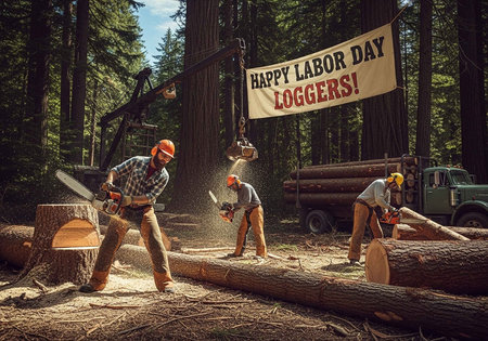 Three loggers in hard hats use chainsaws to cut logs in a forest, with a banner reading "Happy Labor Day Loggers!" and a truck in the background.の写真素材
