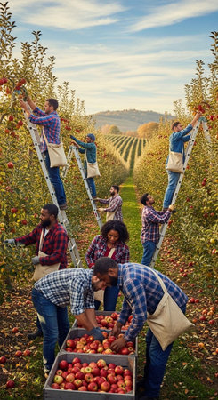 A group of people of different ethnicities picking apples from trees and collecting them in boxes in a vibrant orchard with a clear blue sky.の写真素材