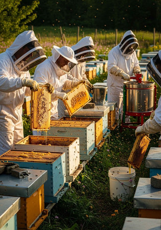 Beekeepers in white suits and veils inspect and work with honeycombs and colorful beehives in a grassy field with trees in the background.の写真素材