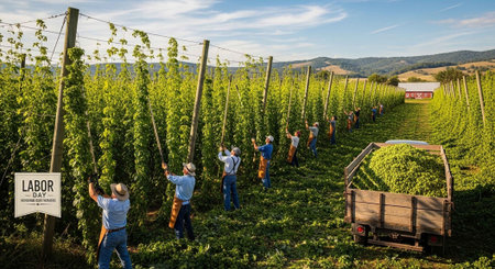 A group of workers in a hop field, harvesting and loading green hops into a wooden tractor cart under a blue sky with rolling hills.の写真素材