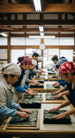 A group of women wearing headscarves work together at long tables, processing and shaping nori seaweed sheets in a traditional Japanese facility with wooden beams and large windows.の写真素材