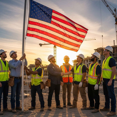 Diverse group of construction workers in hard hats and safety vests raising a large American flag on a building site during sunset.の写真素材