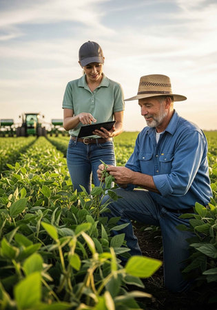 A man and woman in casual farm attire inspect crops in a lush green field with a tractor visible in the background under a partly cloudy sky.の写真素材
