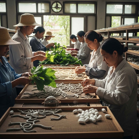 Women in lab coats and hats work at tables, handling silkworms and mulberry leaves in a well-lit factory with large windows and shelving units.の写真素材