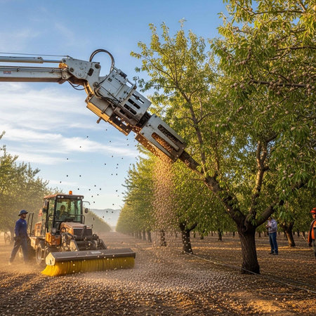 A large mechanical tree shaker is harvesting fruits in an orchard, with a tractor and workers nearby, under a blue sky with trees and scattered fruits on the ground.の写真素材