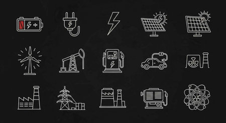 A collection of 16 white line-style icons on a black background, representing various energy and power sources, including renewable and non-renewable symbols.の写真素材