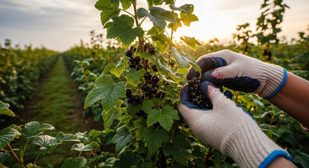 Farmer's hand in gloves harvesting black currant on the fieldの写真素材