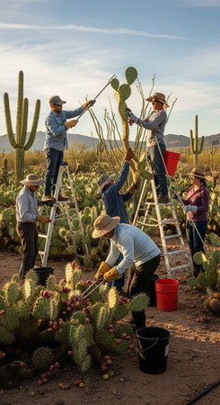 Group of farmers harvesting cacti in the Sonoran Desert, Arizonaの写真素材