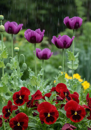 A vibrant garden scene with purple and red flowers on a rainy dayの写真素材
