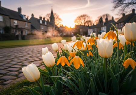 A serene scene of tulips blooming in a quaint town at sunsetの写真素材