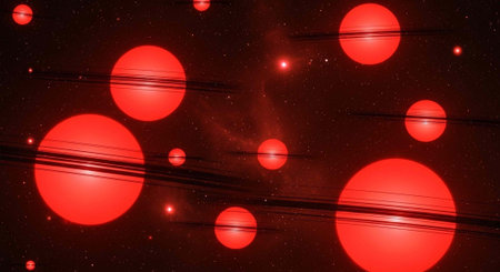 A stunning visual representation of multiple red planets in a starry night skyの写真素材