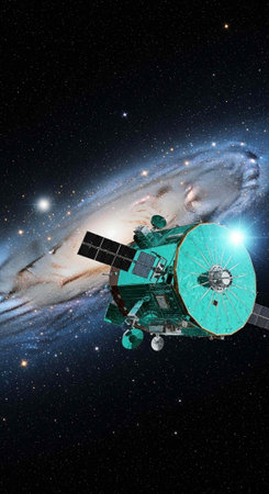 A satellite in space with a galaxy and stars in the backgroundの写真素材