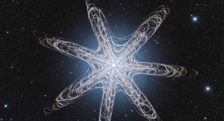 A glowing starfish-like object shines brightly in a dark starry night skyの写真素材