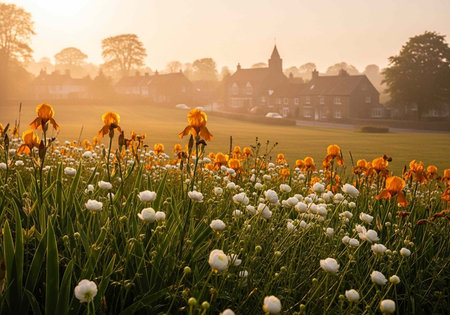 A serene landscape of a field of vibrant flowers at sunset with a mansion in the backgroundの写真素材