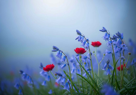 A serene field of vibrant blue flowers and red poppies on a sunny dayの写真素材