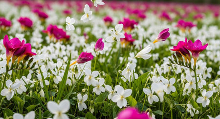 A vibrant field of white and pink flowers on a sunny day in natureの写真素材