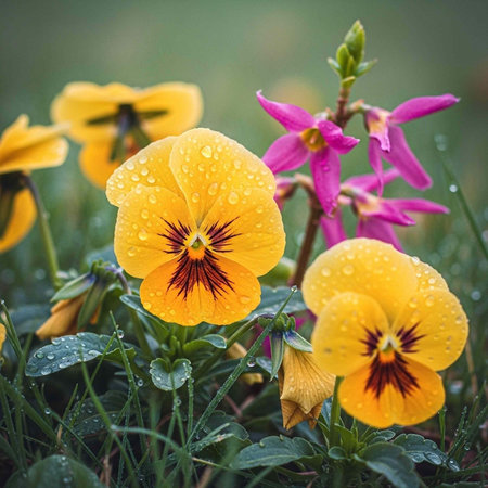 A close-up of vibrant yellow and pink flowers with water droplets in a lush green gardenの写真素材