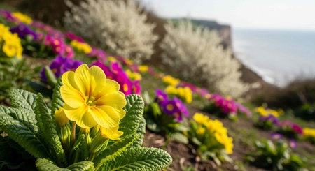 A vibrant yellow flower blooms in a colorful garden overlooking the oceanの写真素材