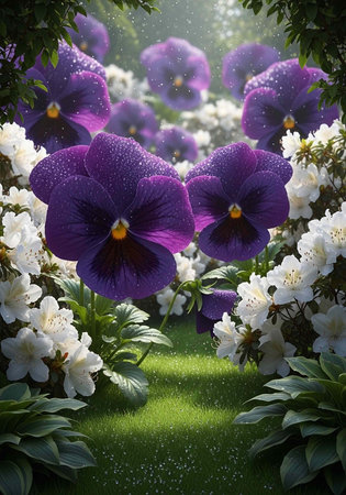 A serene garden scene with vibrant purple and white flowers in full bloomの写真素材