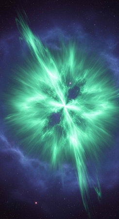 A vibrant green cosmic explosion in a starry night sky with purple cloudsの写真素材