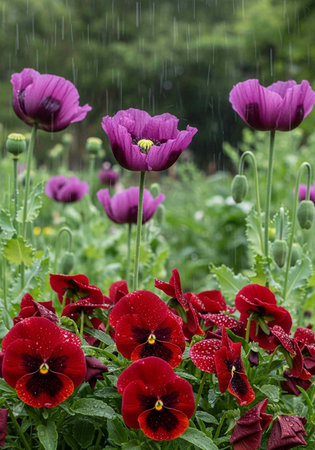 A vibrant garden scene with red and purple flowers on a rainy dayの写真素材