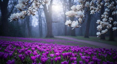 A serene forest landscape with vibrant purple flowers and white blossoms in the rainの写真素材