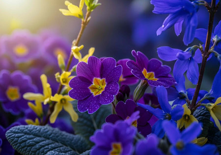 A vibrant and colorful close-up of purple and yellow flowers in bloom outdoorsの写真素材
