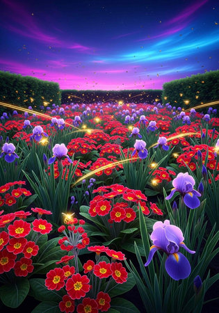 A vibrant field of colorful flowers under a serene twilight sky with firefliesの写真素材