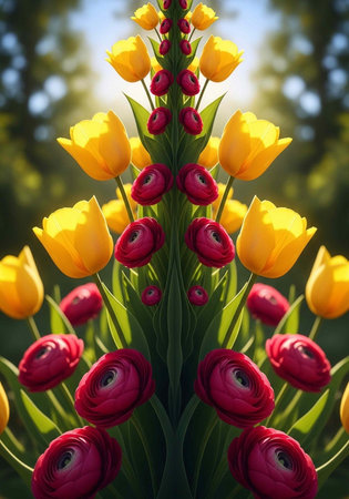 A vibrant bouquet of yellow and red tulips in a lush green garden settingの写真素材