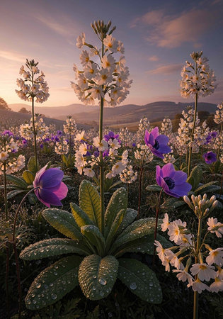 A serene field of vibrant flowers at sunset with mountains in the backgroundの写真素材