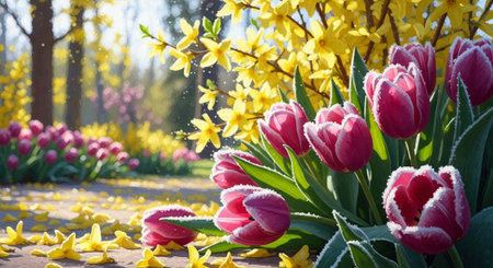 A vibrant garden scene with frosty pink tulips and yellow forsythia flowers in bloomの写真素材