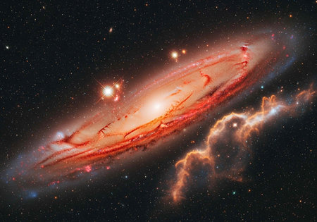 A vibrant galaxy with red and orange hues shines brightly in deep spaceの写真素材
