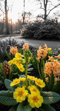 A vibrant cluster of yellow and orange flowers in a frosty garden at sunriseの写真素材