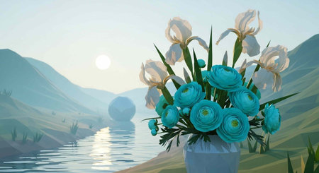 A serene landscape with a vase of blue flowers by a calm lake at sunsetの写真素材