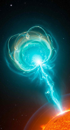 A vibrant blue lightning bolt erupts from the sun in a starry night skyの写真素材