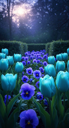 A serene garden filled with vibrant blue tulips and pansies at duskの写真素材