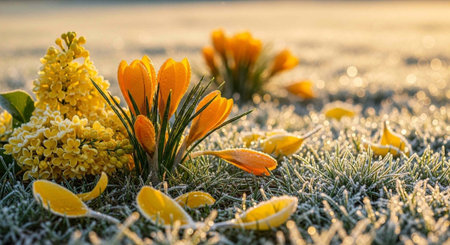 A close-up of vibrant orange flowers growing through frosty grass in early spring morning lightの写真素材