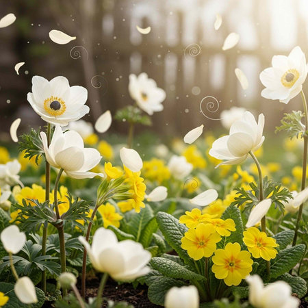 A serene garden scene with white and yellow flowers in full bloomの写真素材