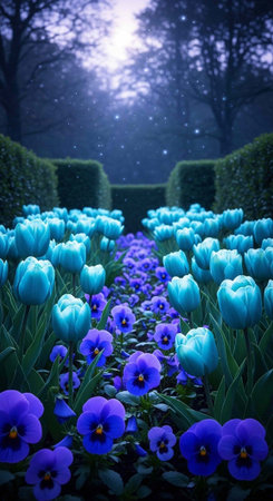 A serene garden filled with vibrant blue tulips and flowers under a starry night skyの写真素材